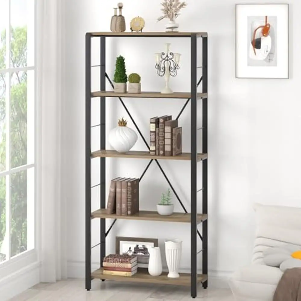 5 Tier Industrial Vintage Wood Metal Bookshelf Oak Home Office Bedroom Open Shelf Rectangular 125 lbs Capacity 12.6"D x 28.4"W x