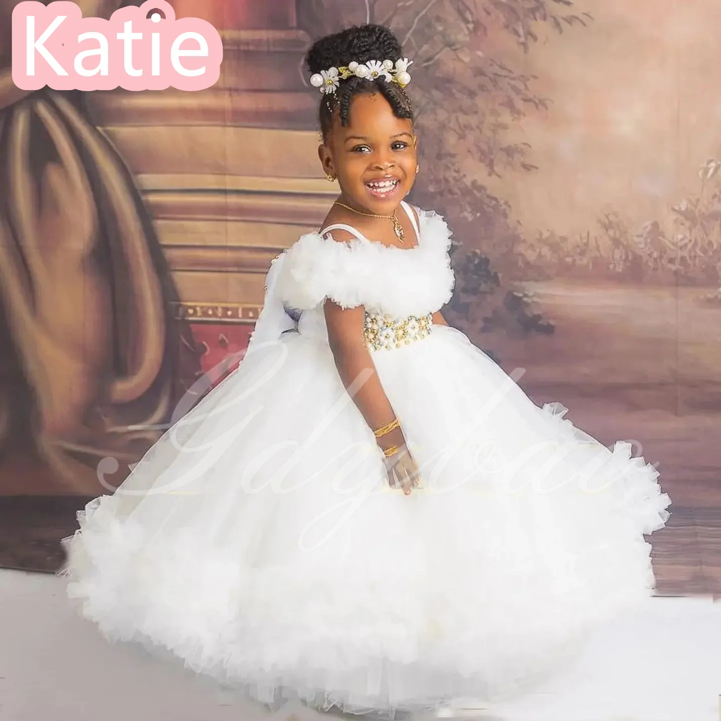 فستان بناتي على شكل زهرة وردية لحفلات الزفاف مطرز باللؤلؤ من التول المنتفخ للأميرة للأطفال وحفلات أعياد الميلاد الأولى مخصصة #2