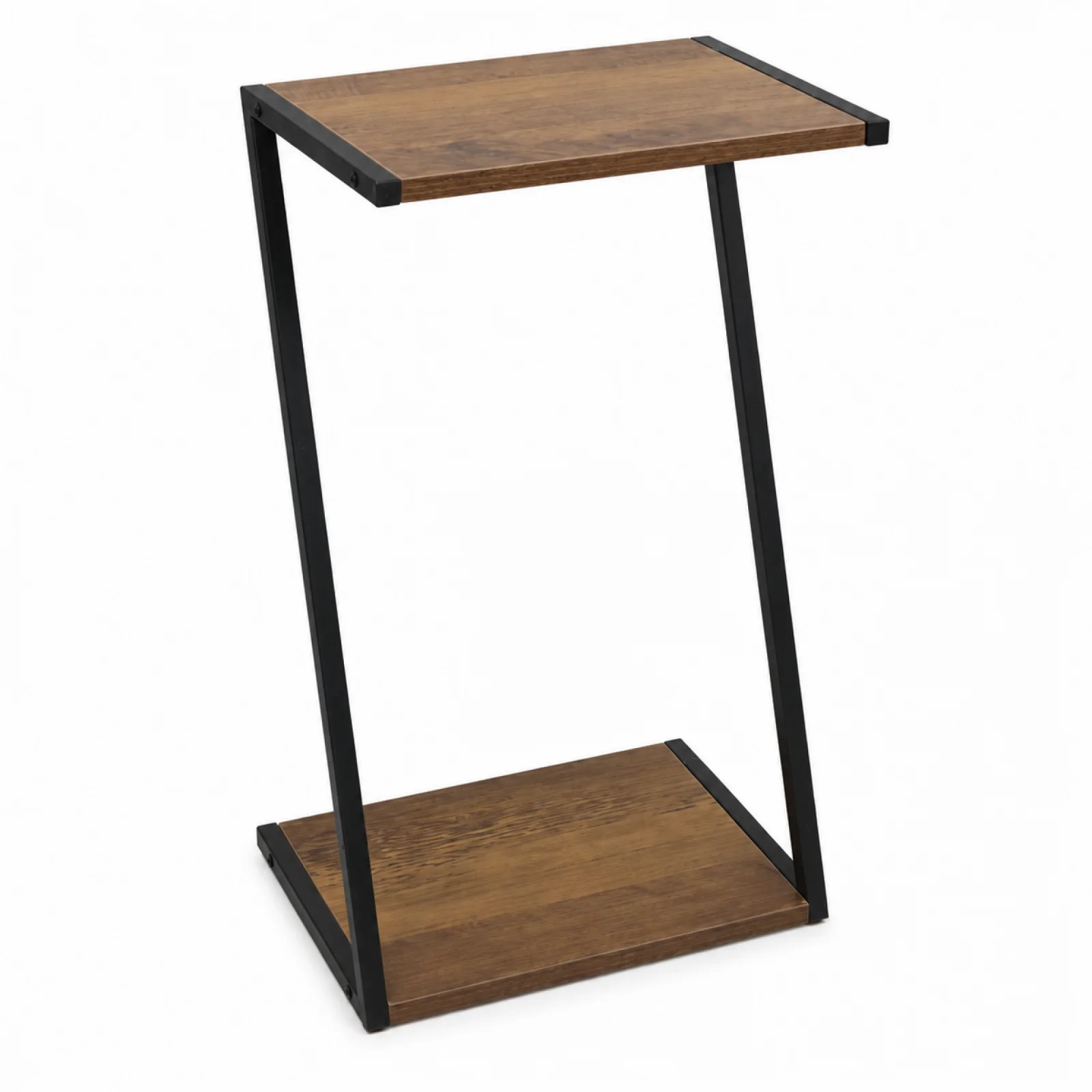 Mesa auxiliar industrial con forma de Z para el salón y el dormitorio, mesa compacta para colocar al lado del sofá, con estructura de metal negro y superficie de madera de color marrón, mueble con espacio de almacenamiento, 20x29x50 cm.