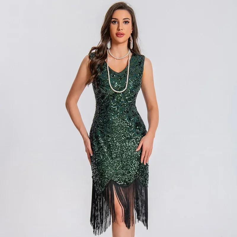 European and American Retro Gatsby Ball Dress Dance Dress Party Sequin Bead Embroidery Tassel Sleeveless Dress Daily Outfit