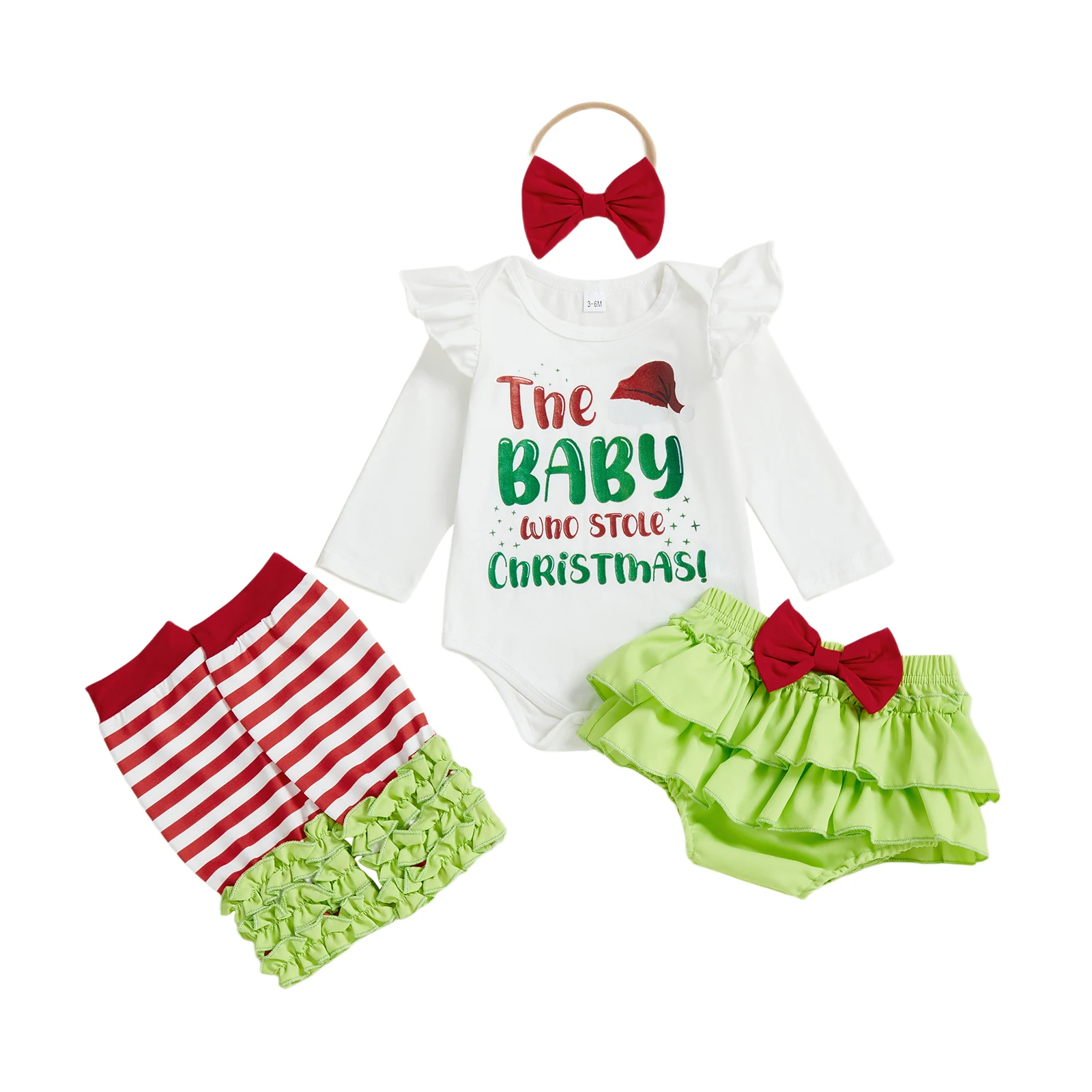 

Baby Girls Christmas Clothes Letter Print Long Sleeves Romper and Layered Shorts Cute Headband Leg Warmer Set
