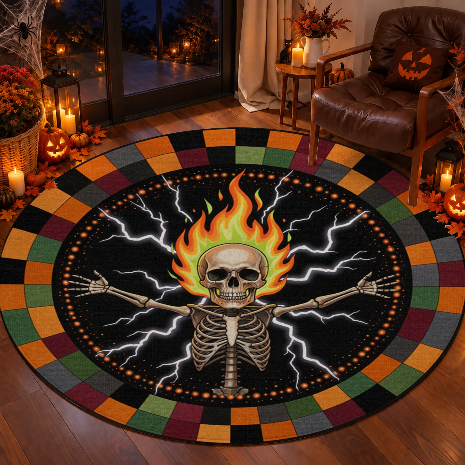 Flaming Skeleton with Lightning Round Rug, Velvet Machine Washable Area Rug, Stays in Place, Ideal for Living Room, Bedroom, Entryway, Great for Halloween, Thanksgiving, Christmas, New Year, Black Friday, Cyber Monday Decor