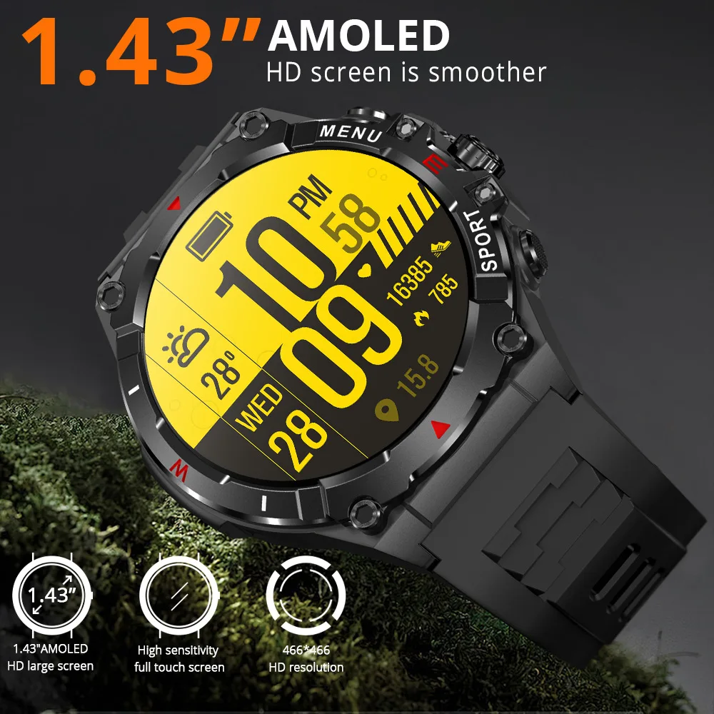 V76 Sport all'aria aperta GPS Smart Watch da uomo con bussola Schermo AMOLED HD da 1,43 pollici Chiamate BT Monitoraggio della salute Fitness Track Smartwatch