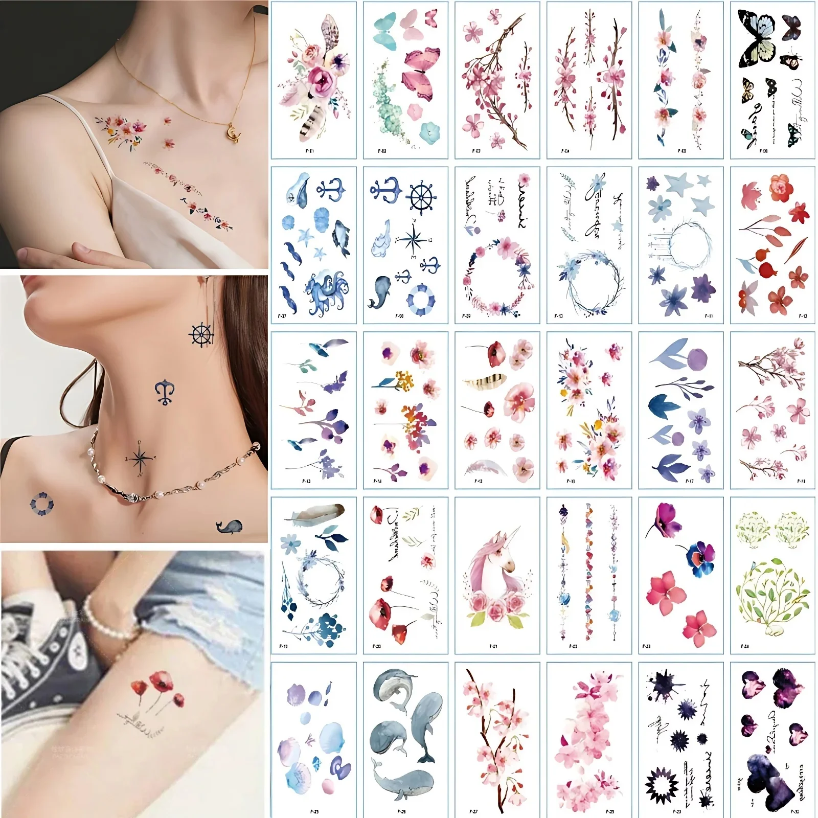 30pcs/lot Flower Waterproof Fake Tattoo for Women Finger Arm Fish Starfish Butterfly Anchor Tiny Floral Temporary Transfer Tatoo