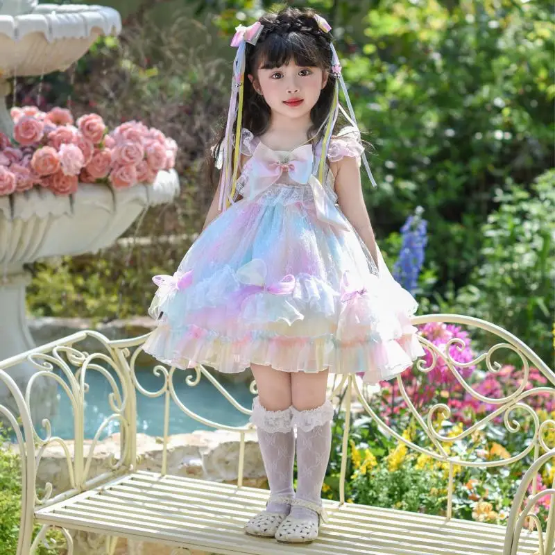 

2024 Luxury Baby Girls Lolita Dresses Children Spanish Boutique Ball Gown Kids Lace Princess Dresses Rainbow Girl New Vestidos