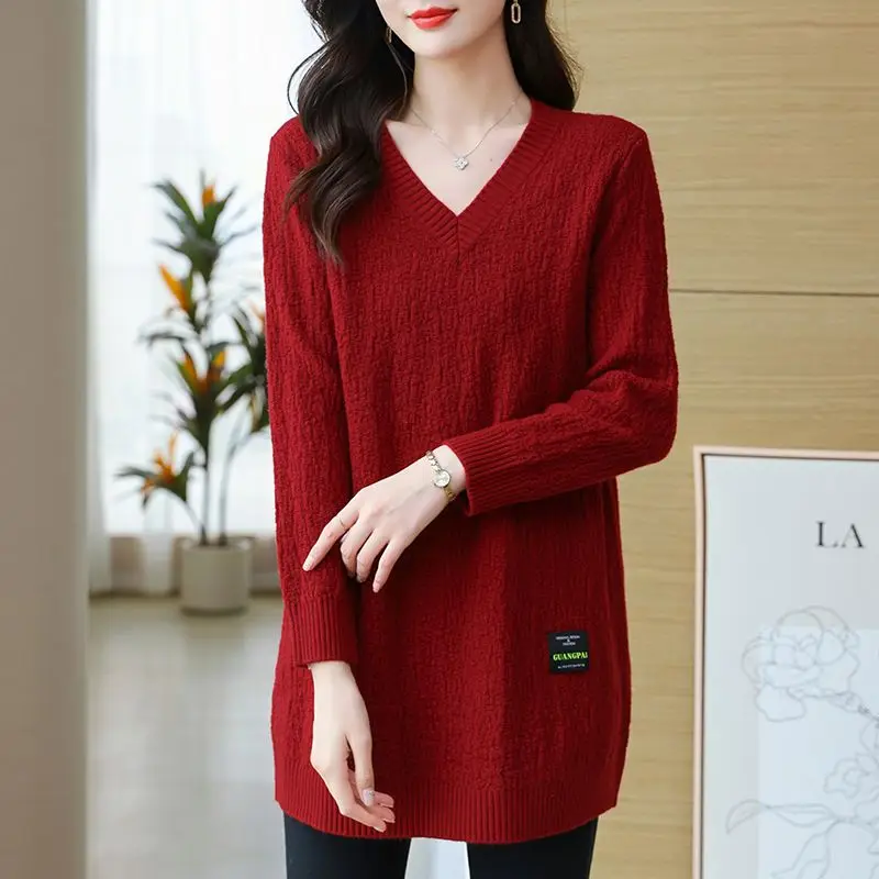 Women\'s Pullover Solid V-Neck Mid Length Sweater Loose Plus Size Autumn and Winter Female Clothing Fashion Long Sleeve Knit Tops