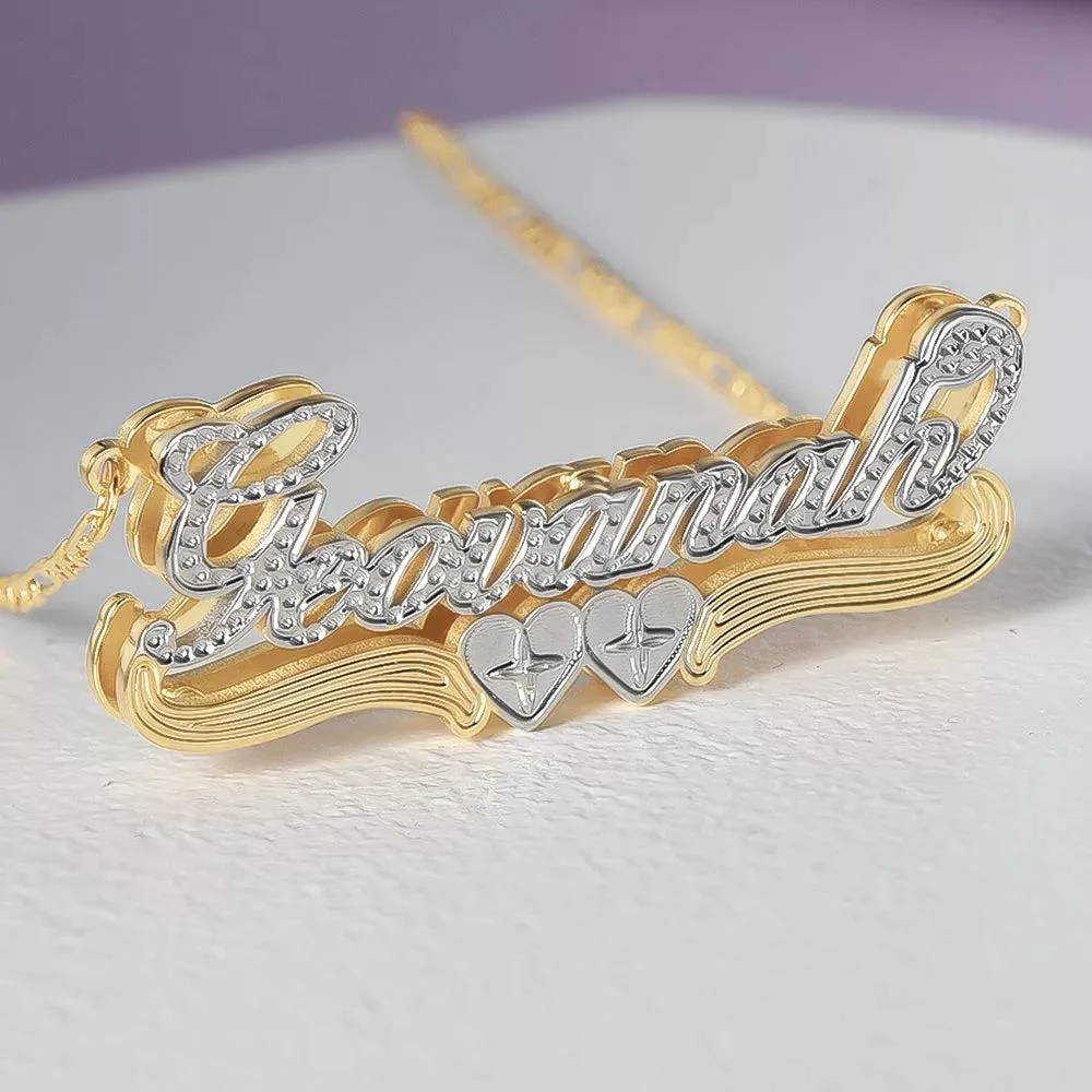 Personalized Two Heart 3D Name Necklace Custom Double Plate Name Two Tone Necklace 3D Nameplate Necklace Jewelry Gift