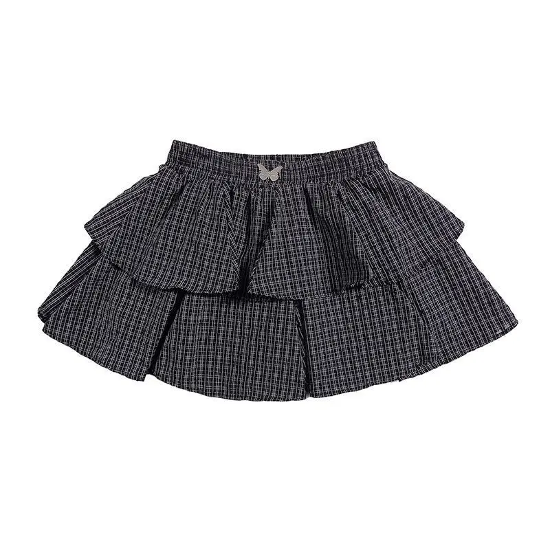 Deeptown Ruffle Plaid Mini Skirt Women Kawaii Preppy Style Short Skirts Layered Sweet Cute Korean Fashion Casual Street Skirt