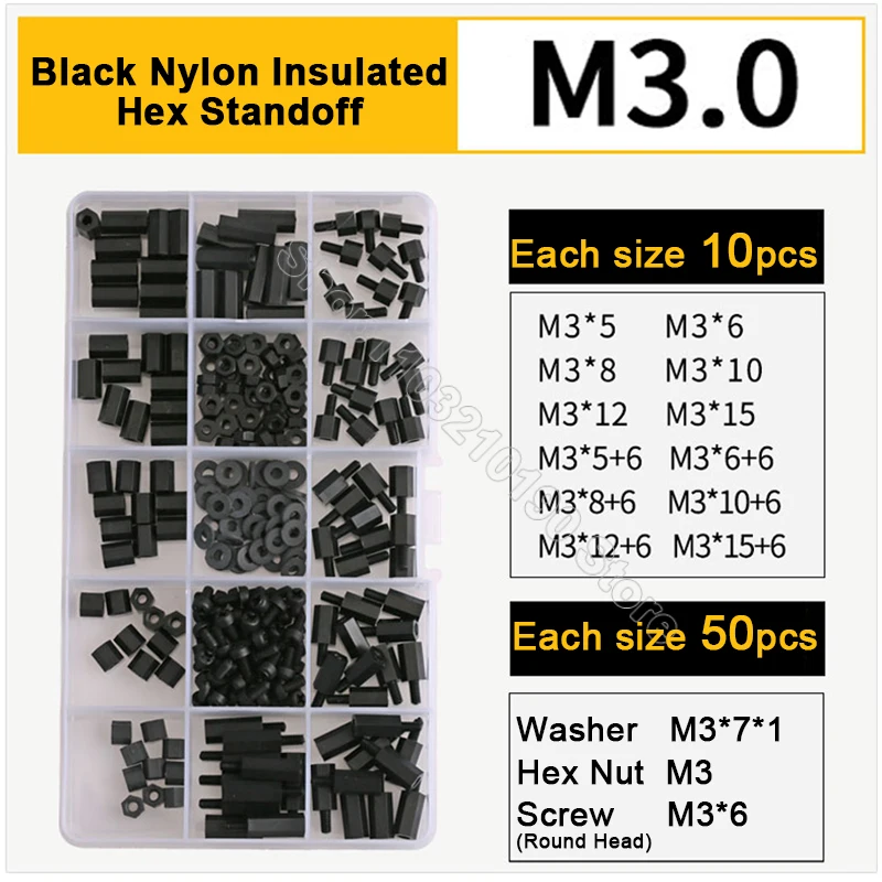 

270Pcs Black M3 Nylon Hex Standoff Male Female Plastic Hexagon Spacer Column Assortment Kit Insulation Motherboard PCB Pillar