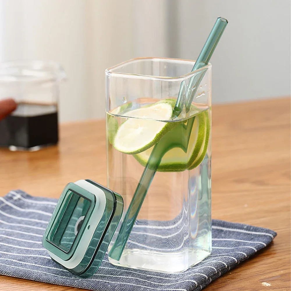 350 مللي كوب زجاجي للقهوة مربع مع غطاء وقش مقاومة للحرارة كوب قهوة ثلجي الإفطار كوب حليب كوب شفافة أدوات للشرب