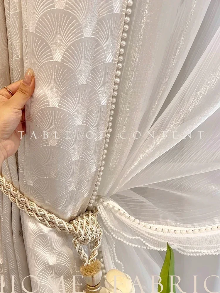 Custom Embossed Shell Grain Luster Pearl White Window Screen Curtains for Living Room Bedroom French Window Balcony Villa Window