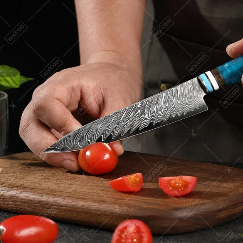 WXCOO 1-6pcs Damascus Steel Kitchen Knives Set Professional Japanese Santoku Knife Fruit Paring Utility Handle Blue Resin Set