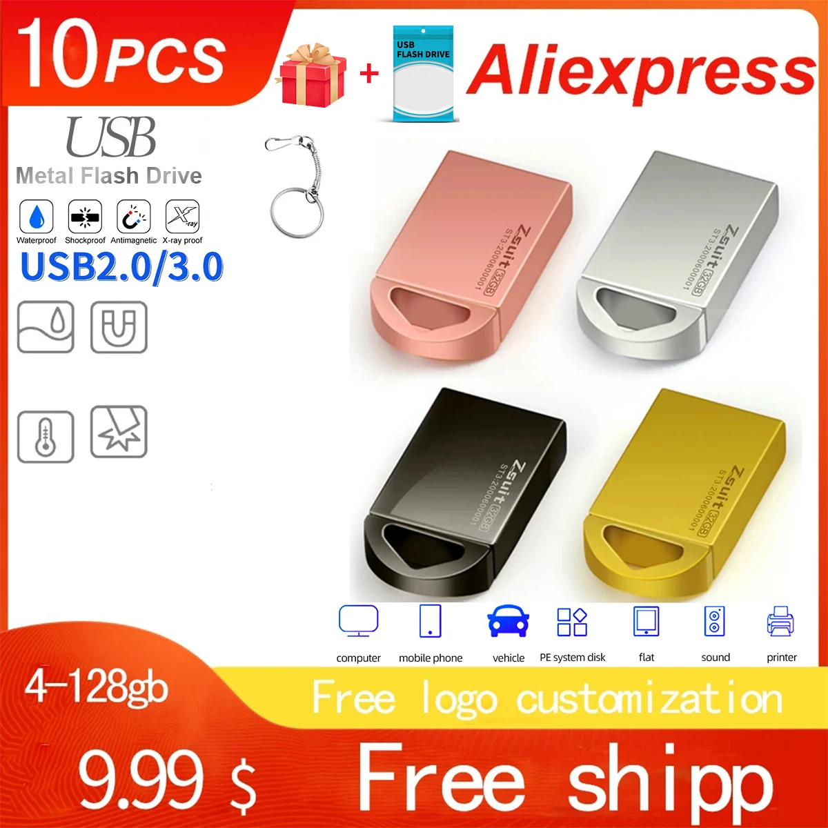 Free Logo USB Flash Drive 4GB Pen Drive 8GB Metal USB High Speed 128GB  Memory Stick Waterproof Pendrive Wholesale Flash U Disk