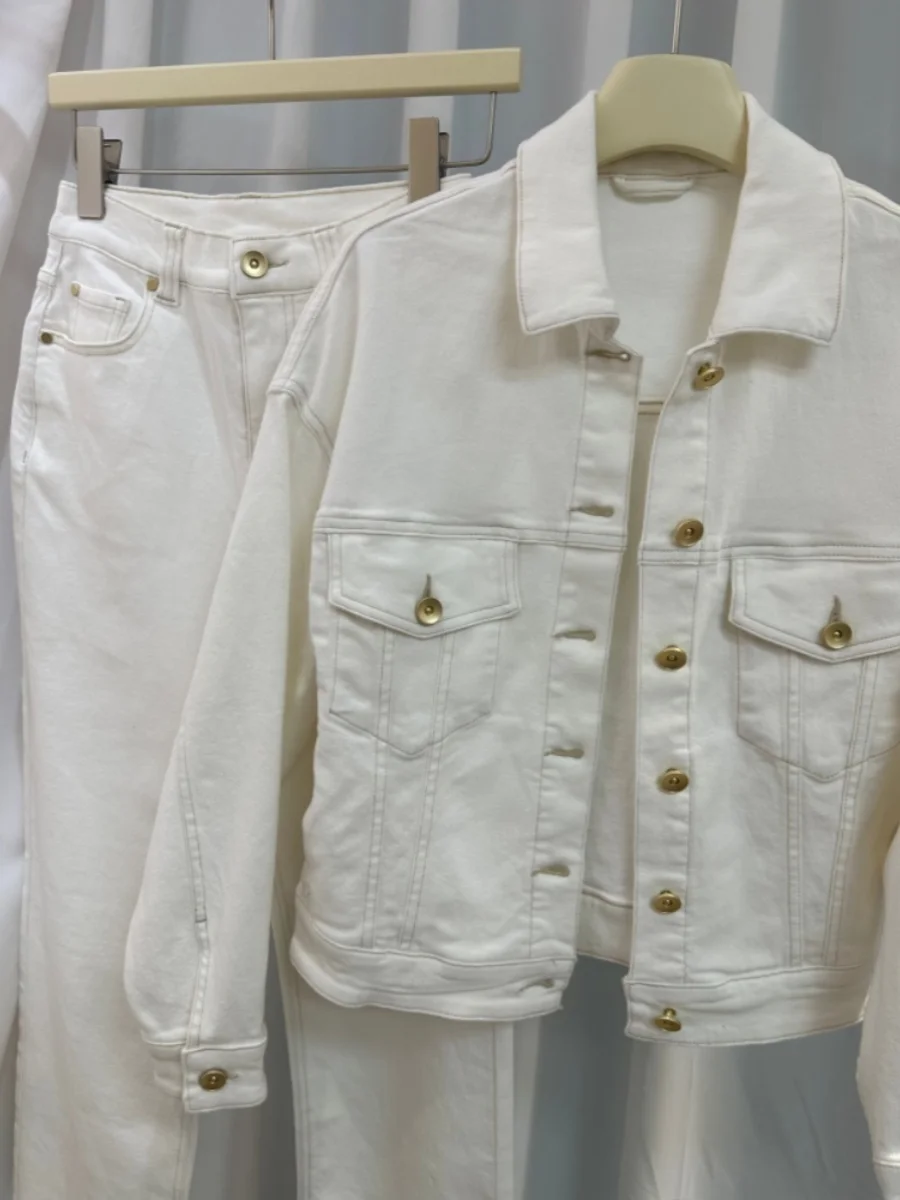 24 B/C High Quality White Denim Collection Soft Wash Short Denim Jacket Coat + Jeans Two Set