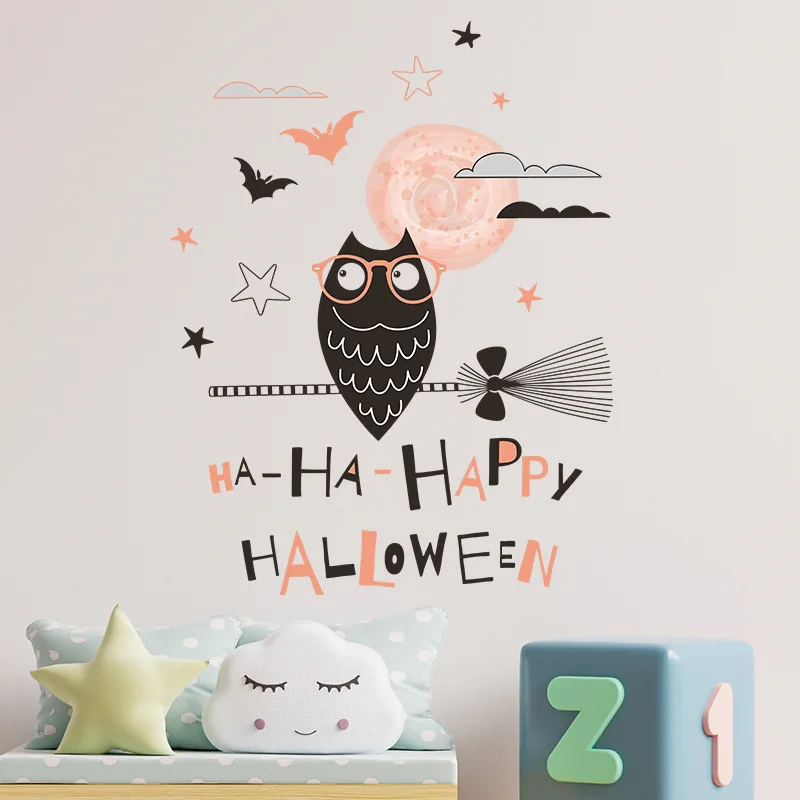 

HAPPY HALLOWEEN Owl Wall Sticker Kids Room Living Room Festival Home Decoration Background Cartoon Wallpaper Removable Sticker