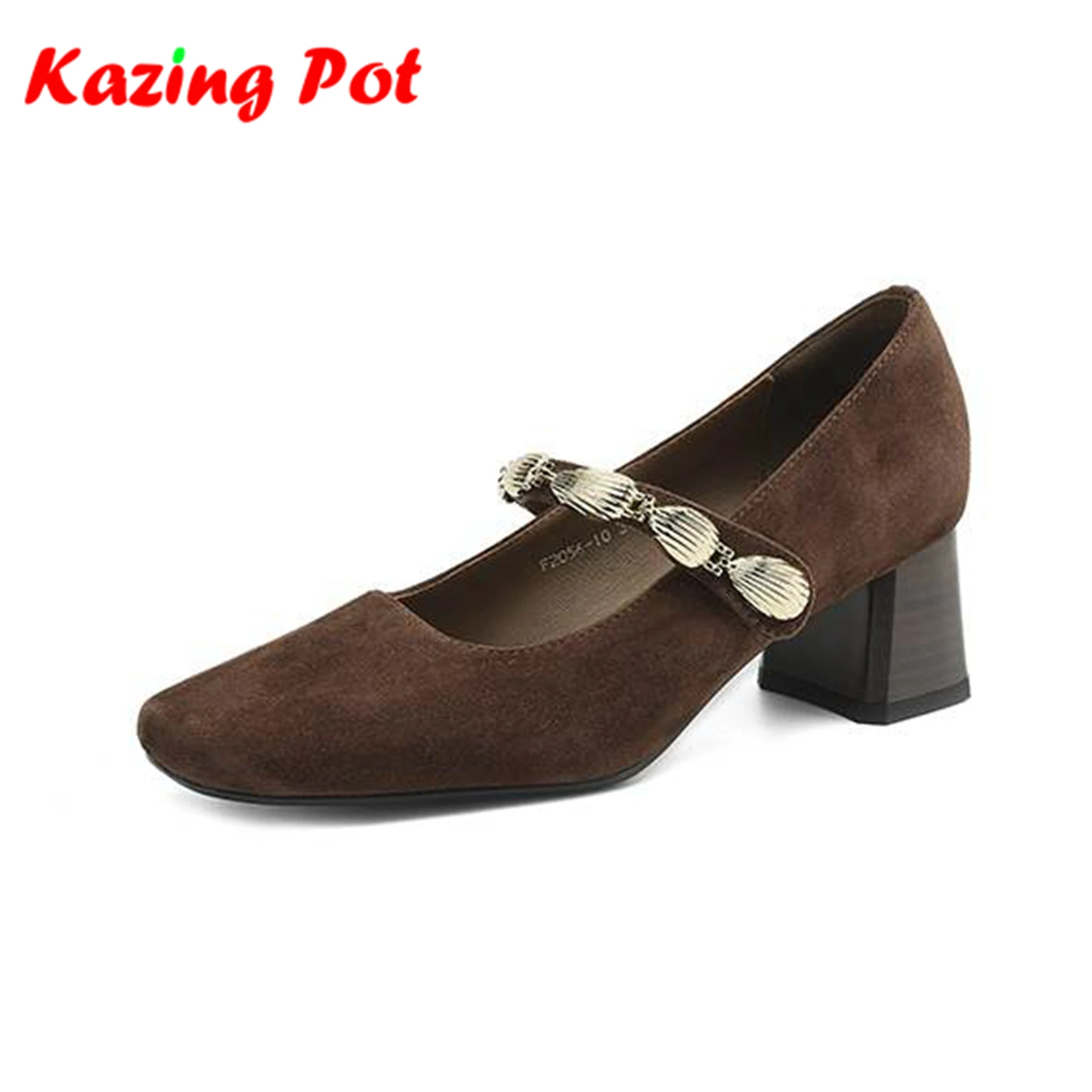 

Krazing Pot Sheep Suede 2025 Square Toe Med Heels Summer Beauty Lady Formal Shoes Metal Buckle Shallow Big Size 42 Women Pumps
