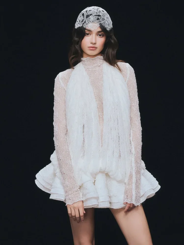 

Sexy O Neck Long Sleeves Lace Gauze Mini Dress Women White Lace Pleated High Waist A-line Dresses Evening Party Cocktai Gowns