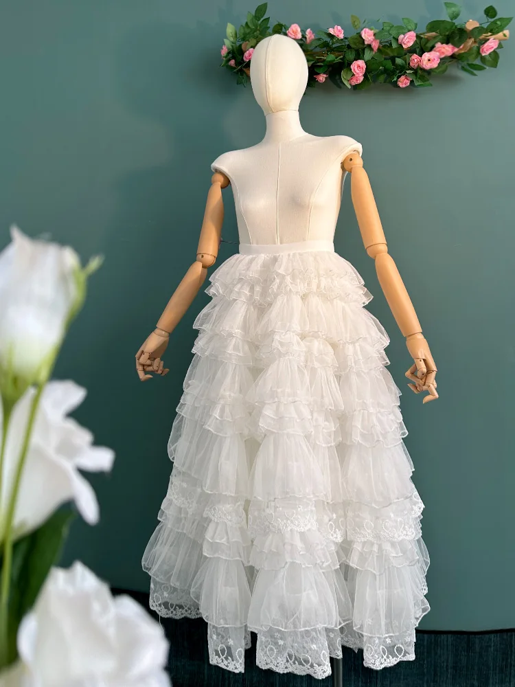 Dophee Original Cute Lace Ruffles Fairy Skirt Lolita Puffy Skirt Elegant Elastic Waist Big Bottom Mopping Floor A-line Skirts