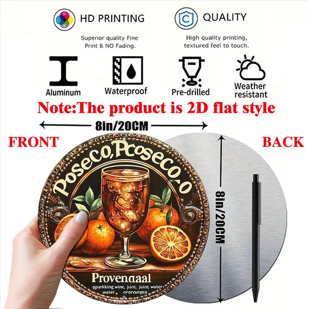 2D Metal Sign 8x8 Inch Vintage Prosecco Wall Decor Aluminum Plate Bar Cafe Home Office Grape Orange Design Durable Art Easy Moun