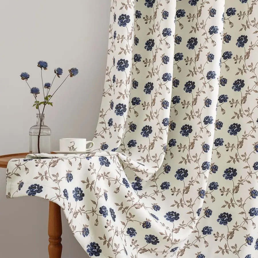 ستائر تعتيم 100 زهرية بطول 84 بوصة 2 لوح لغرفة النوم وغرفة المعيشة أزرق بني على بيج عتيق زهرة الورد منقوشة R