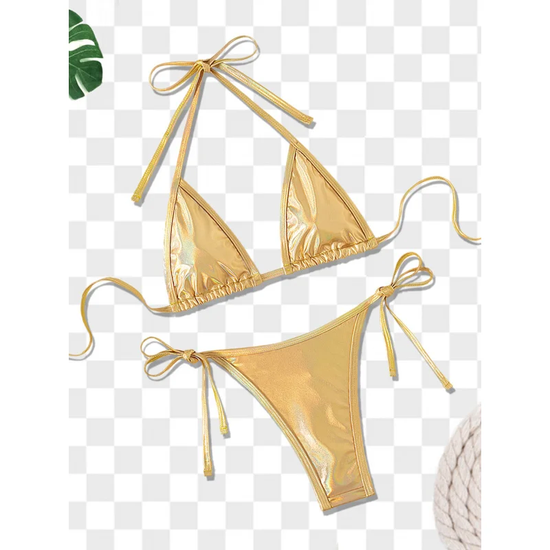 Popular Split Bikini Suit Sexy Thong Triangle Chain Ornament Backless Swimsuitbikini Heat