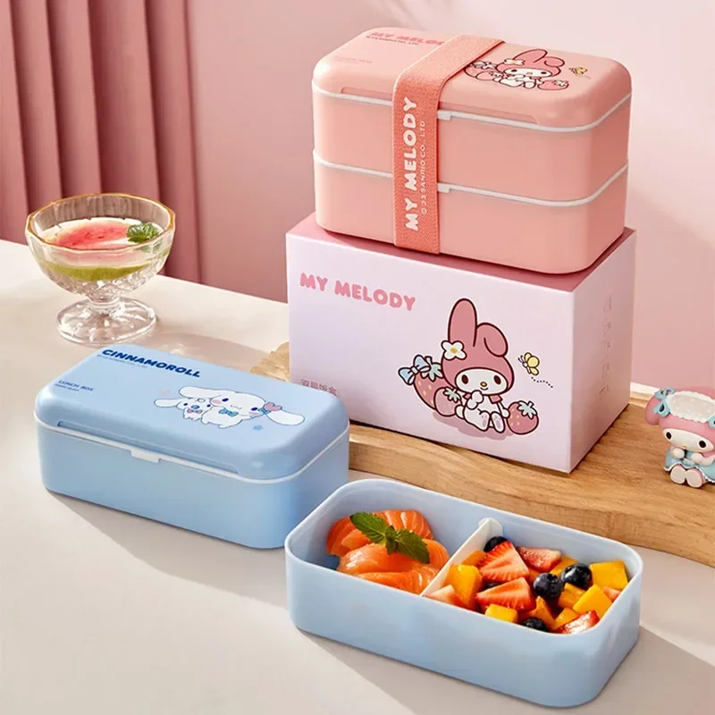 Sanrio Kawaii Hello Kitty Lunch Box Cinnamoroll Cartoon Students Large Capacity Double Decked Lunch Box Microwave Oven Heatable