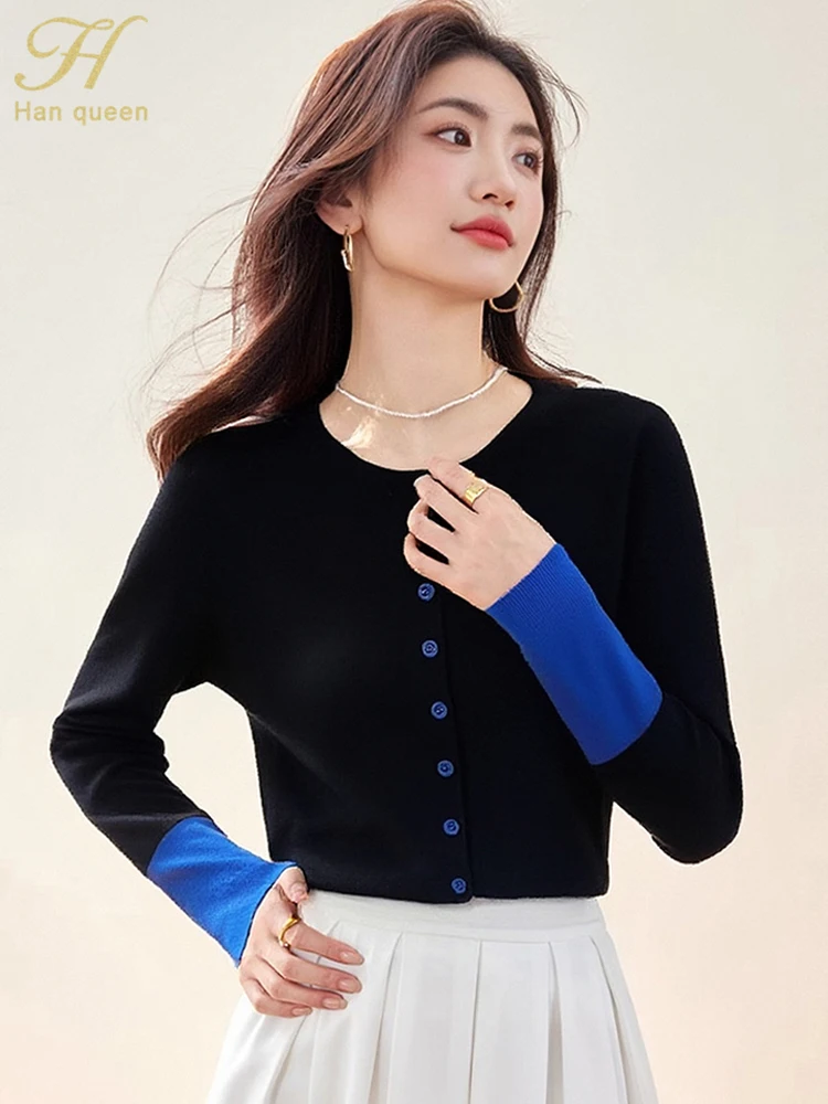 

H Han Queen Autumn Winner Cardigan Sweaters Korean Color Blocking Knitwear Fashion Basic Vintage Casual Tops Woman Clothing 2025