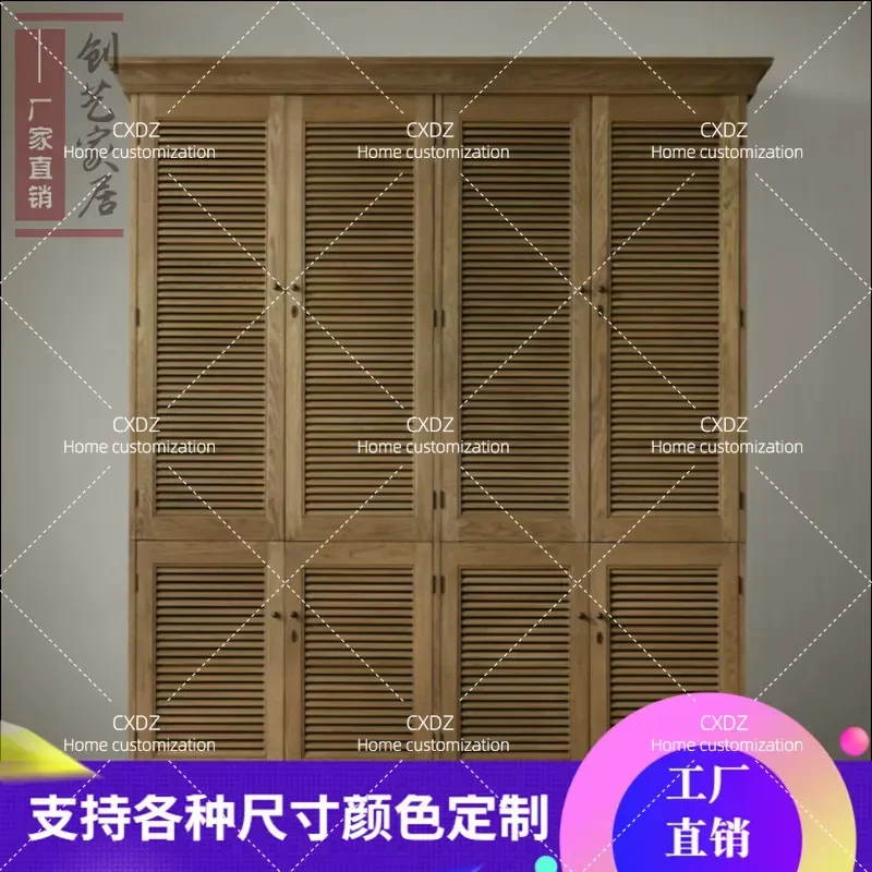 Solid Wood Wardrobe with Venetian Doors Antique Vintage Style Storage Cabinet for Bedroom Home Furniture