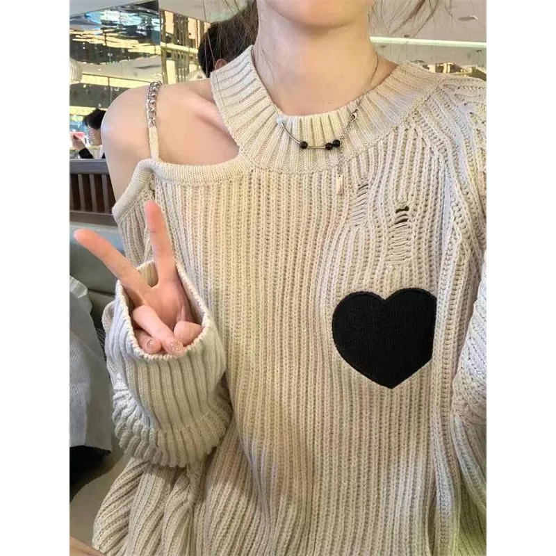Fashion Spliced Hole Off Shoulder Hollow Out Sweaters Female Clothing 2023 Autumn Winter Oversized Casual Pullovers Korean Tops