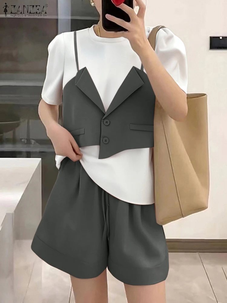 

ZANZEA Women Short Sets Casual Patchwork T-Shirts Loose Shorts 2025 Summer Elegant OL Work Suits Fashion Matching Sets Oversized