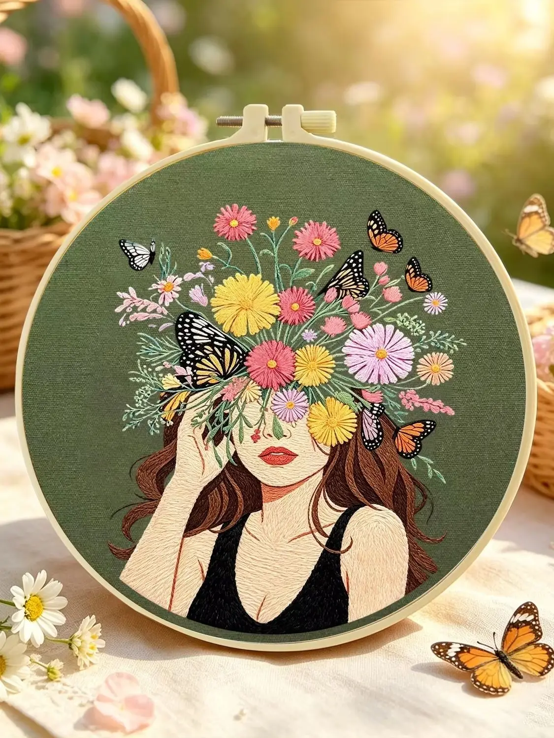 1 Set Blumen-Schmetterling-Gesicht Mädchen DIY-Stickerei-Set für Anfänger, Stickerei-Starter-Kit, Kreuzstich-Kunstgeschenk, Handarbeits-Bastelset – Detail 1