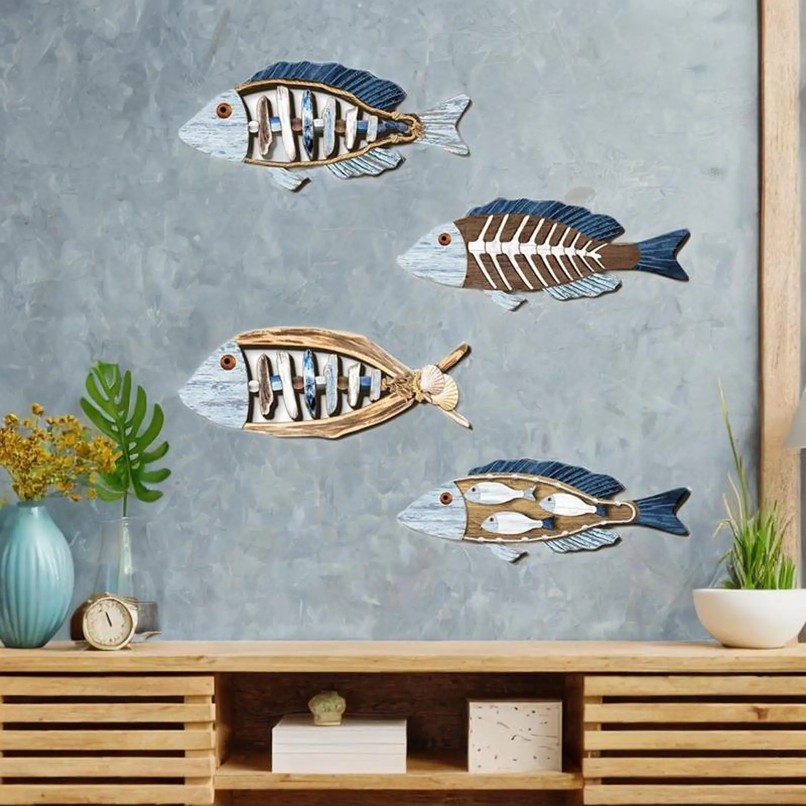 4Pcs Fish Wall Art Decor Mediterranean Beach Coastal Theme Wood Rustic Wall