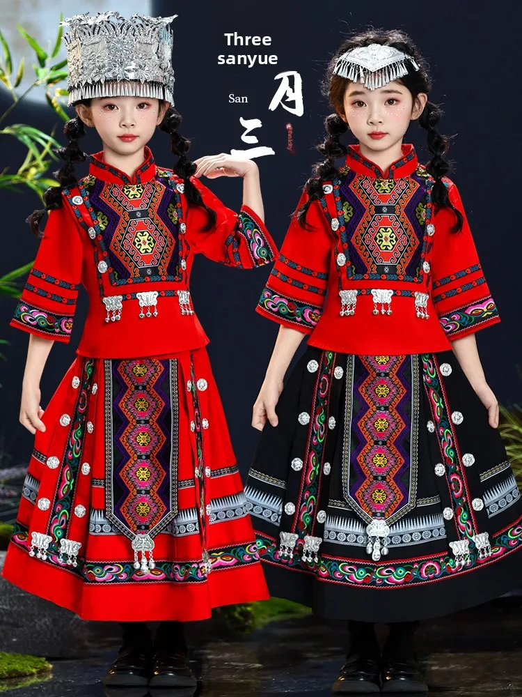 

New Tee March Tee Guangxi Zhuang Ethnic Girls Clothing Children's Hani Minori Traditional Costumes Fem Toddler