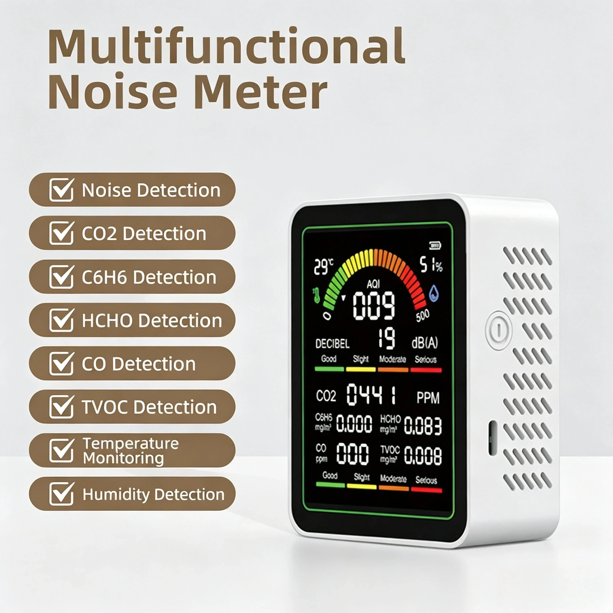 

5-in-1 Air Quality Monitor CO2 Detector HCHO TVOC Temperature Humidity Tester for Home Office Indoor Air Quality Analyzer