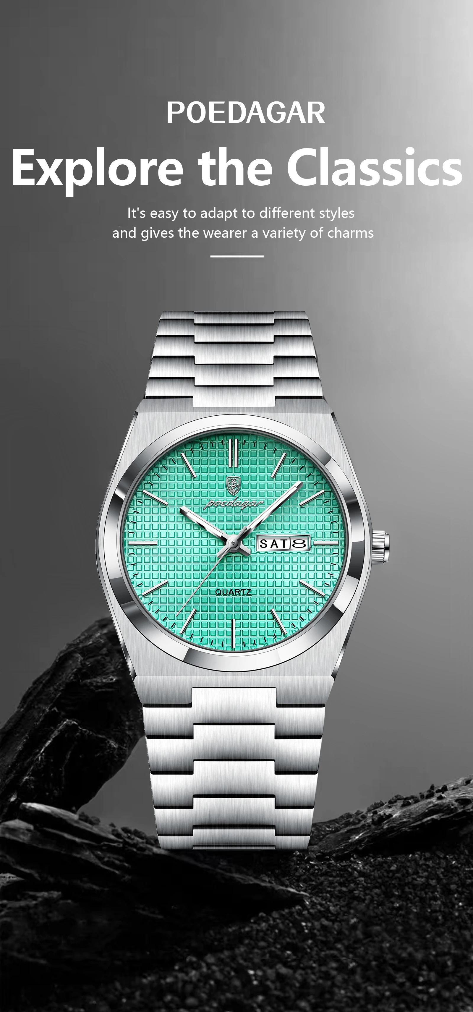 POEDAGAR Top Business Mann Uhr Leuchtende Wasserdichte Edelstahl Männer Armbanduhr Datum Woche Quarz Mode Lässig männer Uhren – Detail 2