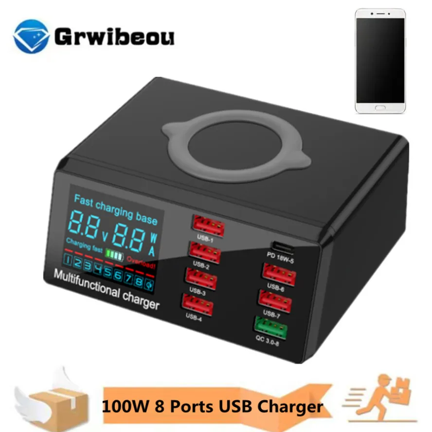 100W 8 Ports USB Charger Quick Charge 3.0 Adapter HUB Wireless Charger Charging Station PD Fast Charger For iPhone 12 13 Samsung