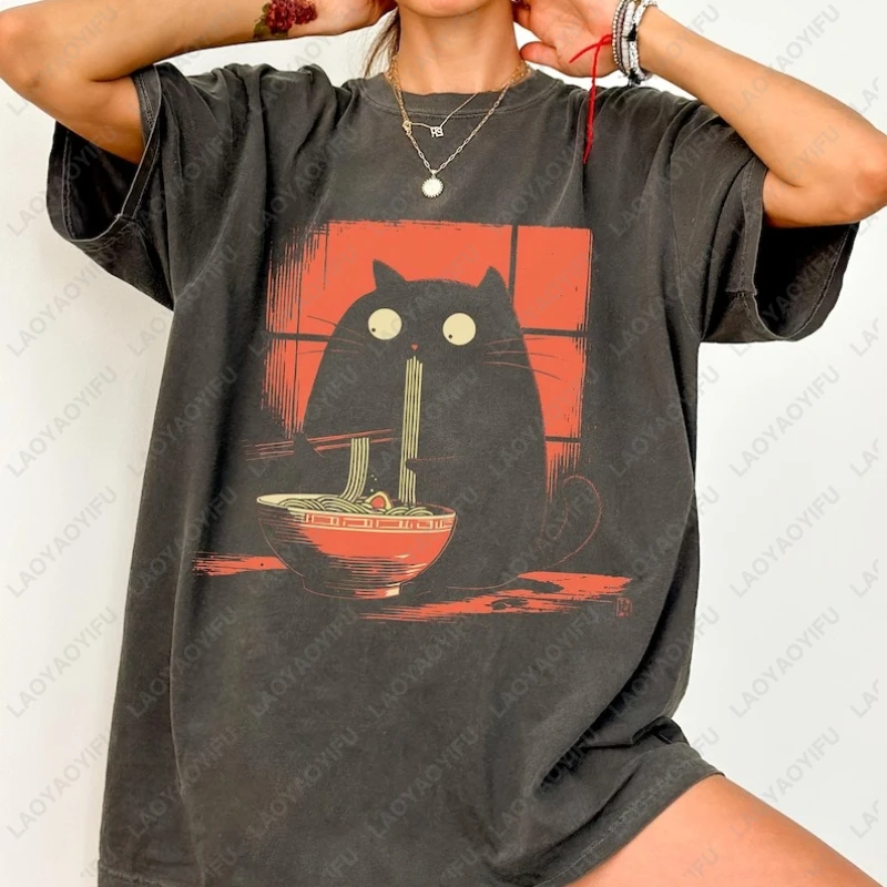 

Футболка с черным котом, подарок для любителей кошек, футболка с рисунком кавайного кота, забавная футболка с аниме-кошками, футболка для любителей японской еды, футболка для любителей рамена, хлопковая футболка, подарок
