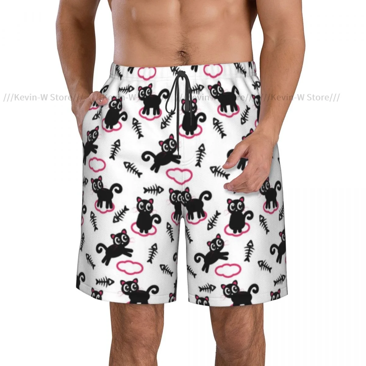 Swimwear Mens Swim Shorts Beach Swimming Trunks For Man Black Cats On Cloud With Fish Swimsuit Surf Board Bathing Suit