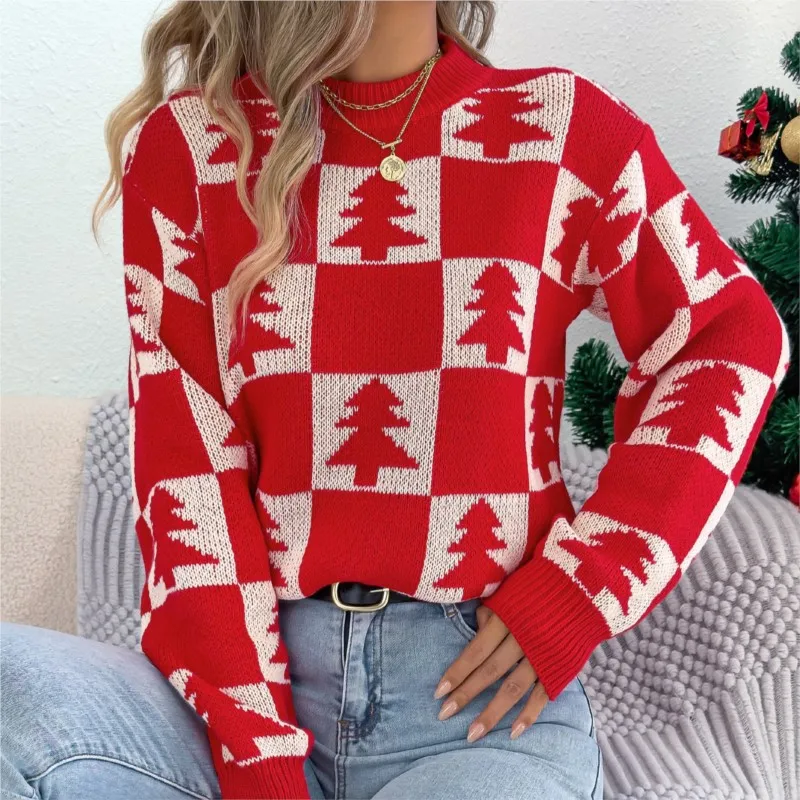 

2026 Autumn/winter Christmas Tree Checkered Lantern Long Sleeved Pullover Sweater Women's Round Neck Knitted Tops