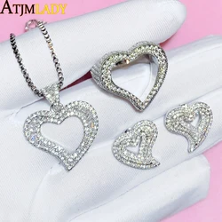 2025 New Iced Out Fashion CZ Hollow Heart Pendant Necklace Cubic Zirconia Bling Hearts Ring Stud Earring Women Hip Hop Jewelry