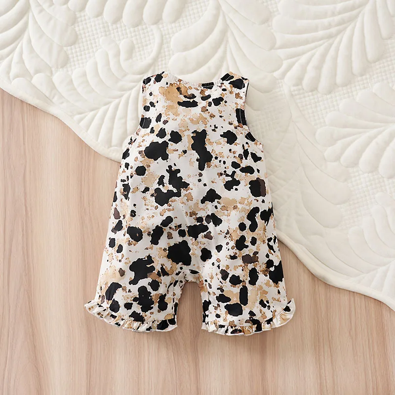Newborn Sleeveless Romper, Baby Girls Cow Print Jumpsuit with Big Brown Bow, Cute Infant Summer One-Piece Outfit, Ruffle Trim To