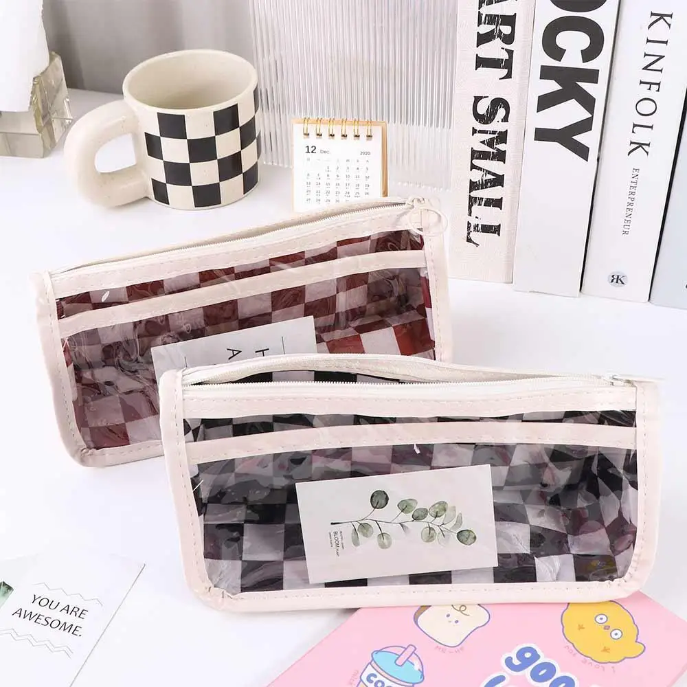 Transparent Checkerboard Pattern Pen Case PVC Waterproof Kids' Pencil Cases Creative Cassic style Lattice Pencil Bag