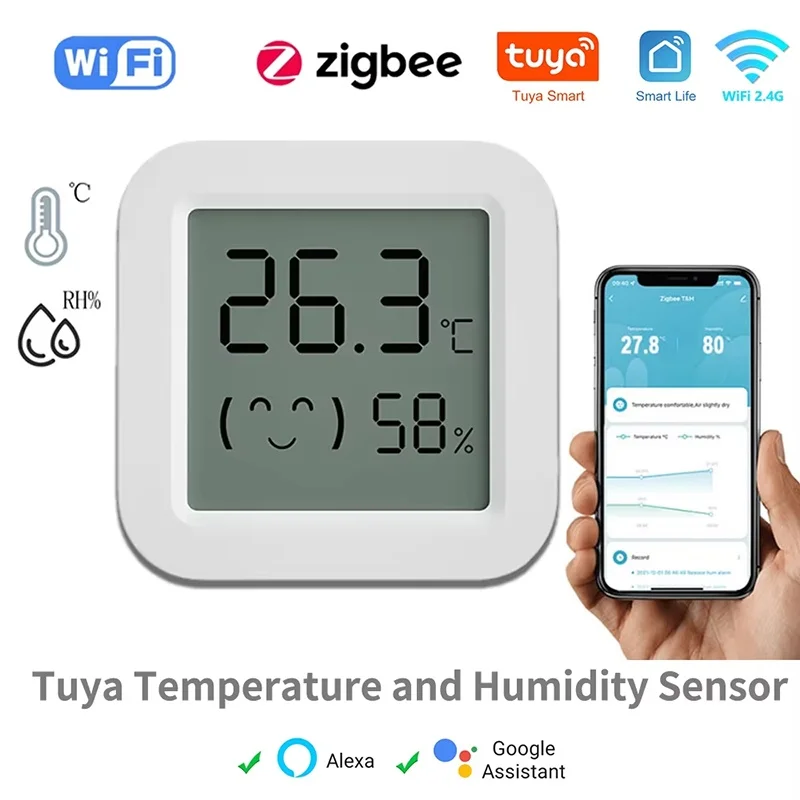 

Датчик температуры и влажности Tuya Zigbee, мини-гигрометр для умного дома, мониторинг через приложение, совместим с Google Home, Smart Life, Alexa