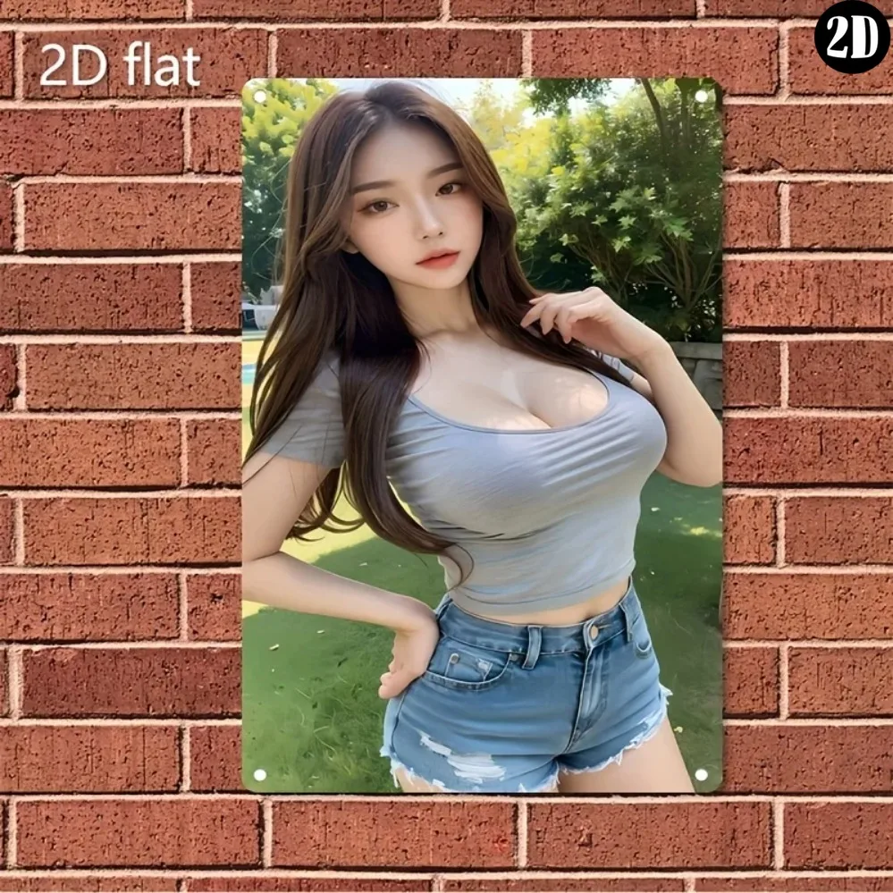 Vintage Metal Tin Sign, Cute Asian Girl With White Headband Off Shoulder White Top Indoor Rust Frame Wall Decor