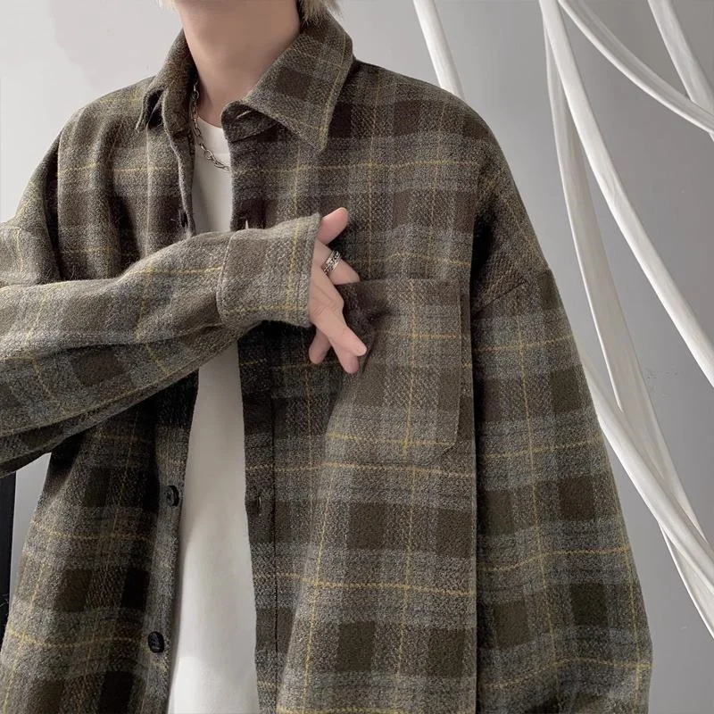 

Autumn Winter Large Size Men's irt Vintage Brued Plaid Long Sve Loose Outerwear Trendy Brand Breathable Youth Sle