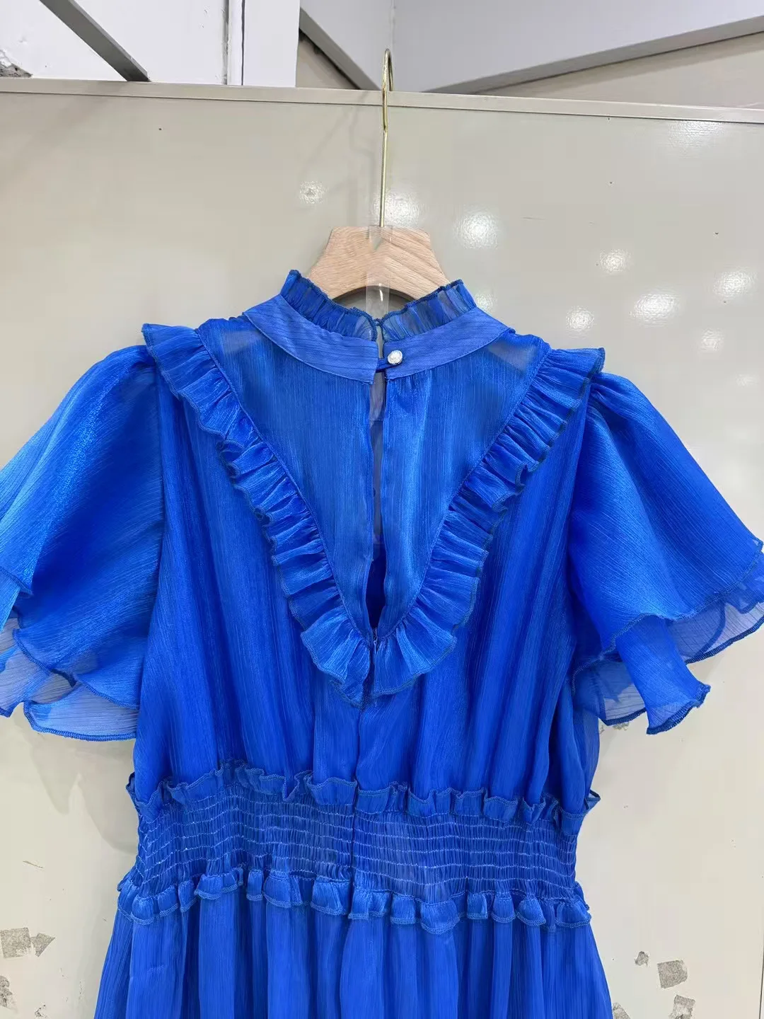 2025 الربيع والصيف جديد جولة الرقبة لوتس كم زهرة خشبية مرونة الخصر تنورة طويلة فستان أزرق-GZDL113 #4