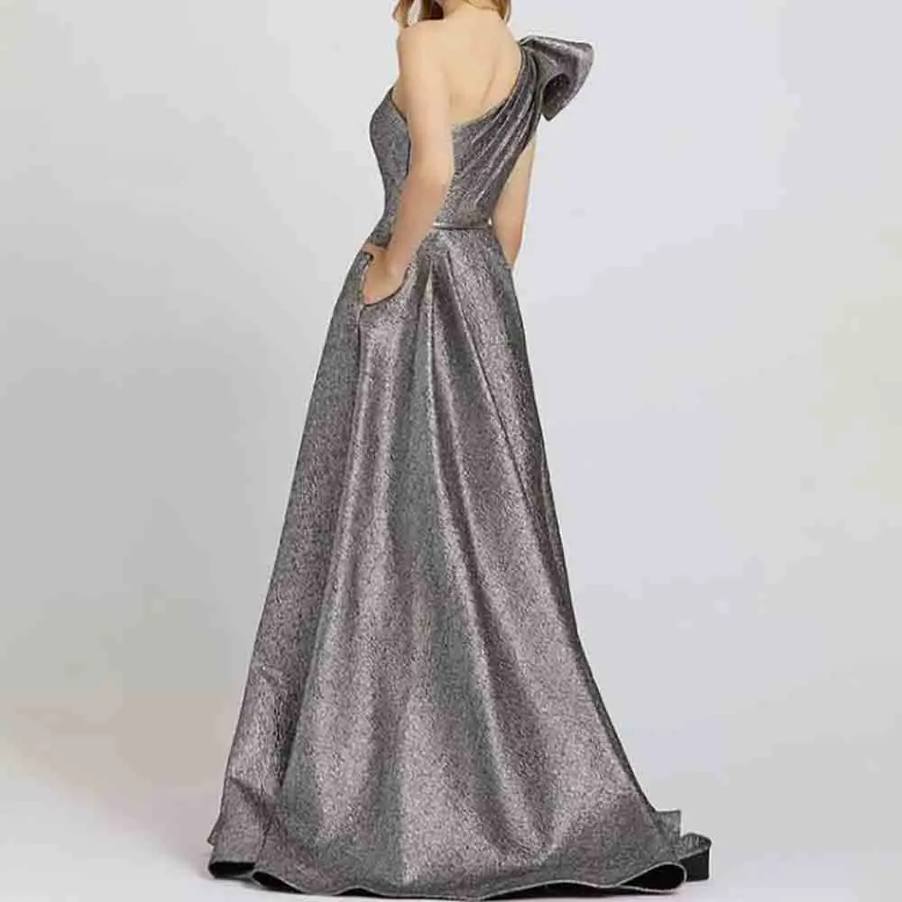 Customize A-line Silver One-Shoulder Ruffles Prom Dresses Ruched Drape Asymmetric Sleeveless Side Pockets Slit Long Prom Gown