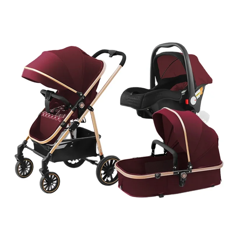 

High View Pram Foldable Pushchairs Luxury Baby Stroller 3 In 1 Bassinet Car Set