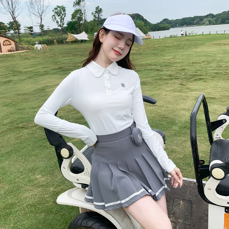 Golf Clothing Women Golf Long-sleeve Tops Korean Polo Collar Shirts Lady Casual Sports Skirts School Style Skorts with Small Bag