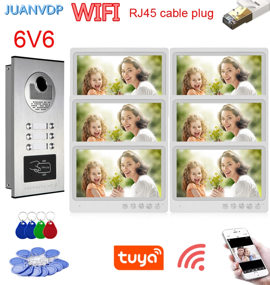 Tuya App Wifi LCD 9'' Home Video Intercom Video Doorbell Rfid Camera For Apartment 2/3/4/6 Tuya RJ45 Cable Plug Door Phone